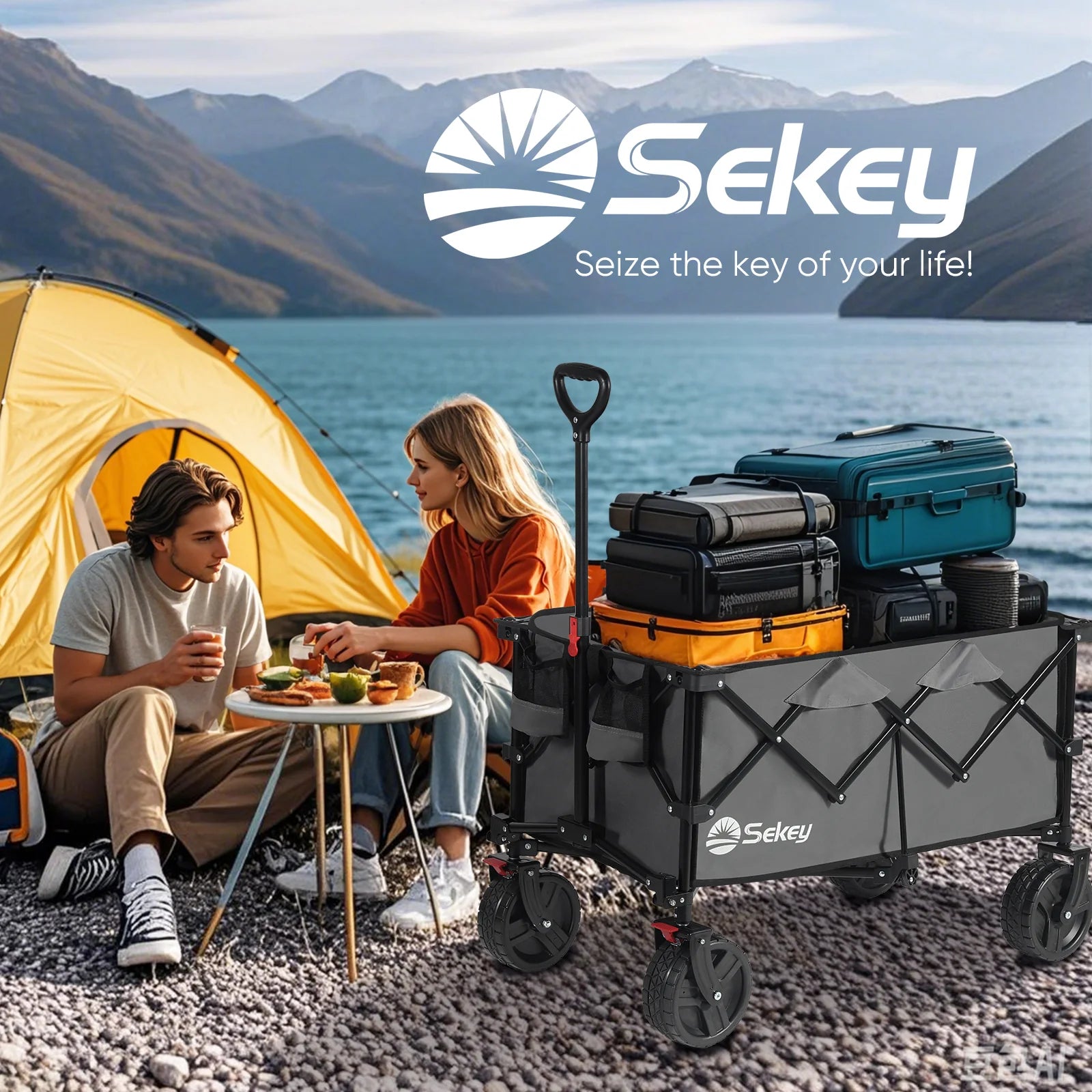 Gray Sekey collapsible wagon loaded with camping gear at a lakeside campsite; text reads “Sekey, Seize the key of your life!”