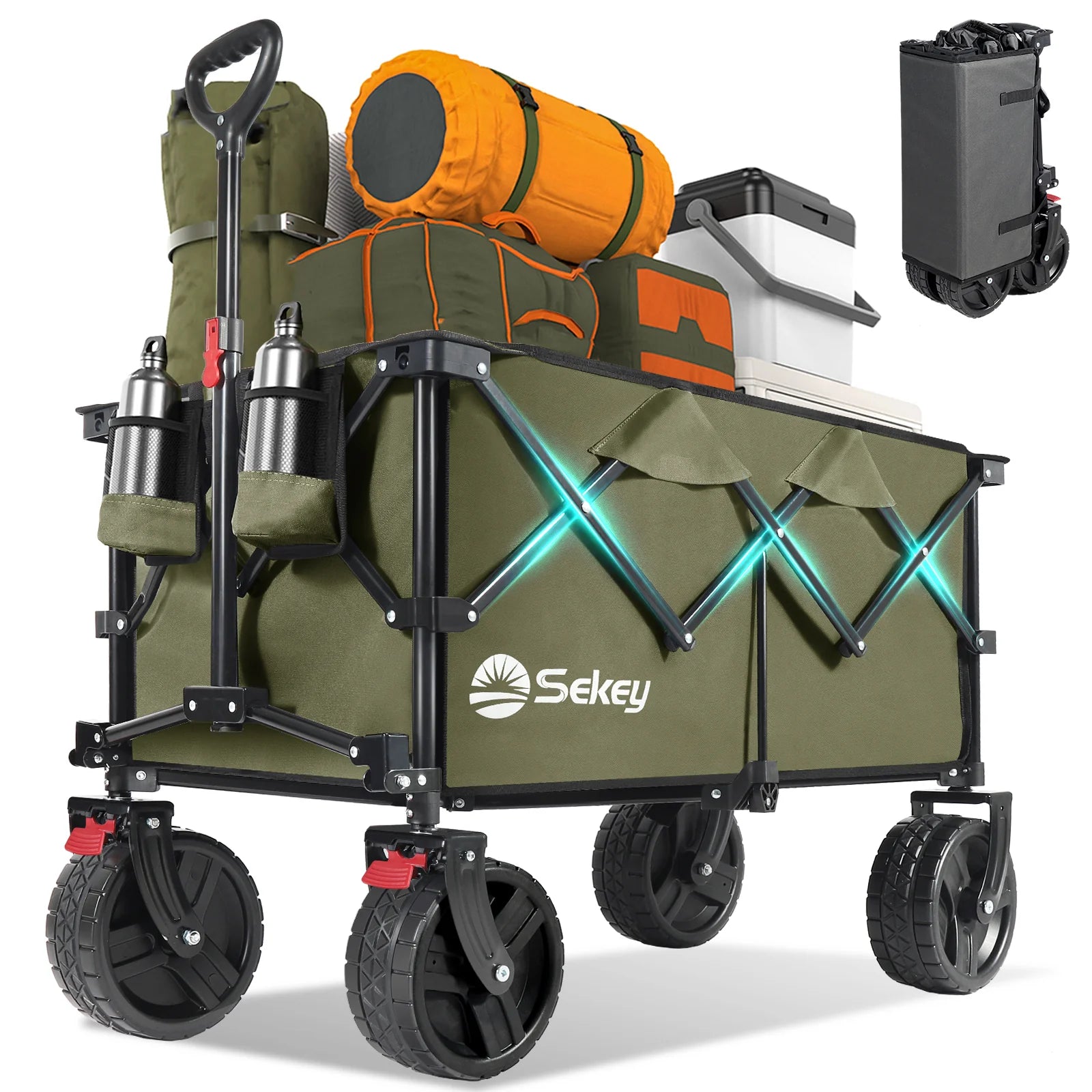 Khaki Sekey collapsible wagon loaded with camping gear, showing cup holders, large all-terrain wheels, and compact folded form inset.