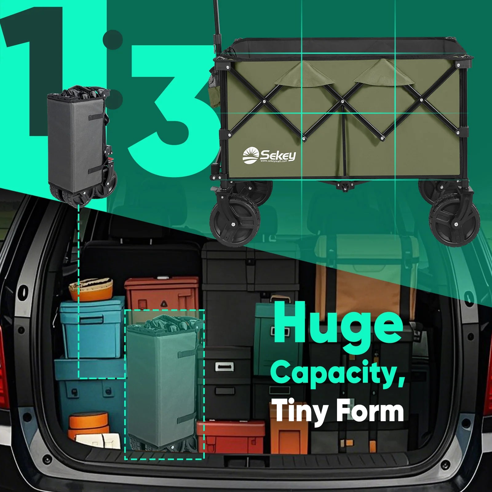 Khaki Sekey folding wagon shown expanded and folded compactly in a car trunk, illustrating huge capacity with a tiny storage form.