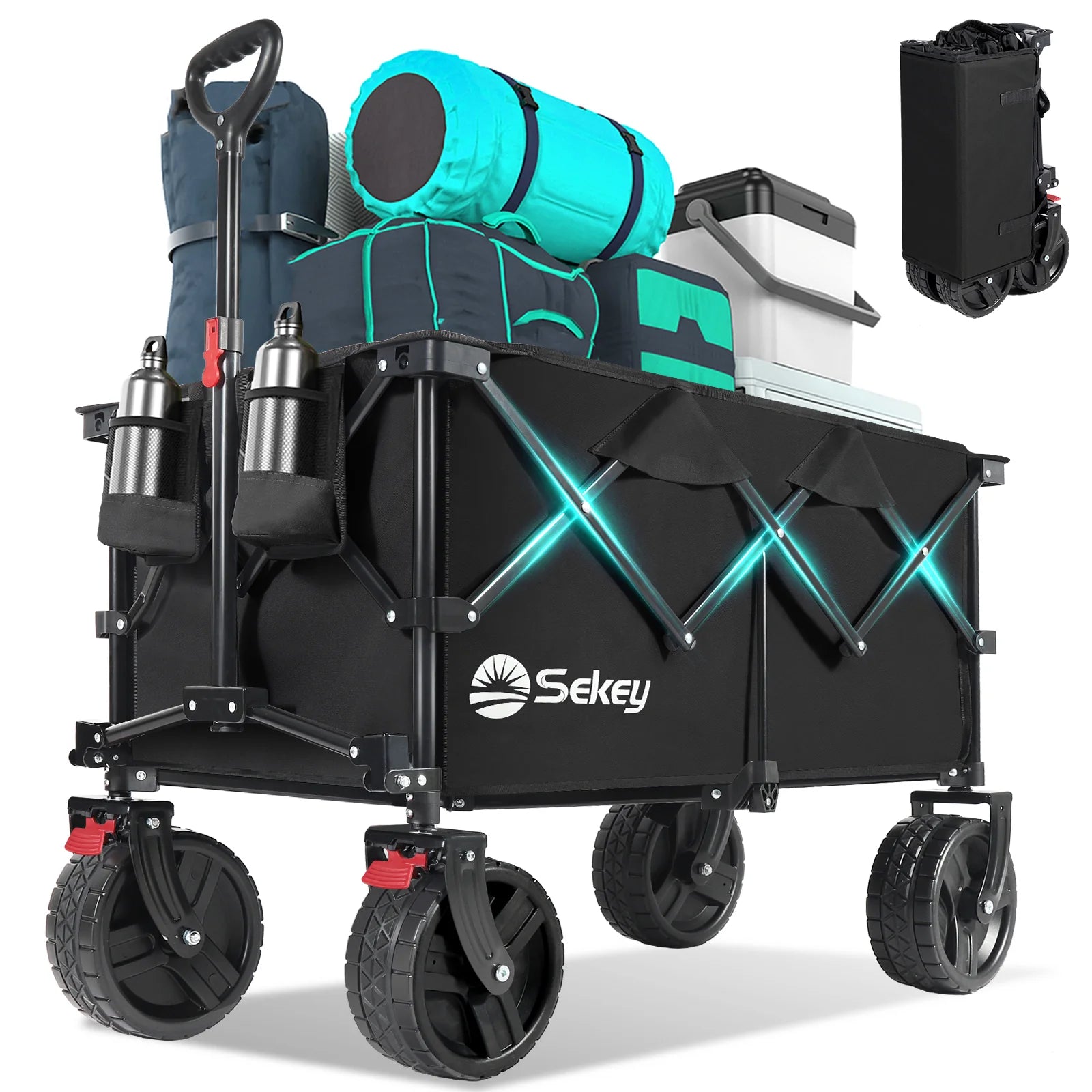 Black Sekey collapsible wagon loaded with camping gear, showing cup holders, large all-terrain wheels, and compact folded form inset.
