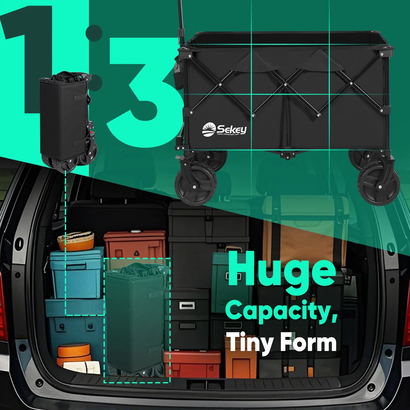 Black Sekey folding wagon shown expanded and folded compactly in a car trunk, illustrating huge capacity with a tiny storage form.