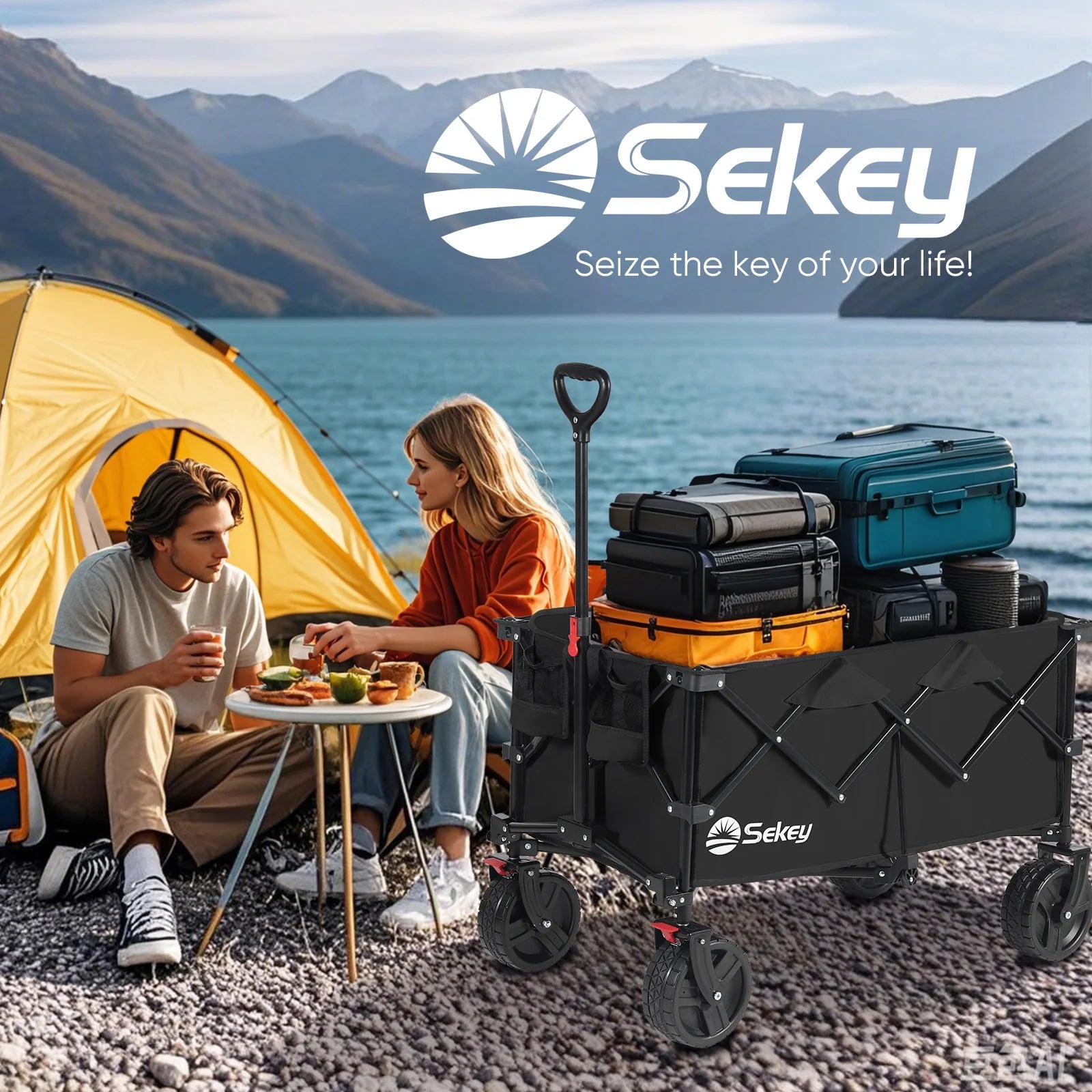 Black Sekey collapsible wagon loaded with camping gear at a lakeside campsite; text reads “Sekey, Seize the key of your life!”