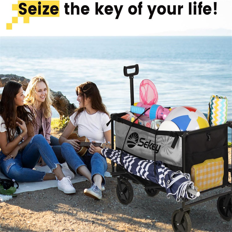 Sekey Collapsible Foldable Wagon with 220lbs Weight Capacity, Heavy Duty Folding Utility Garden Cart with Big All-Terrain Beach Wheels & Drink Holders.