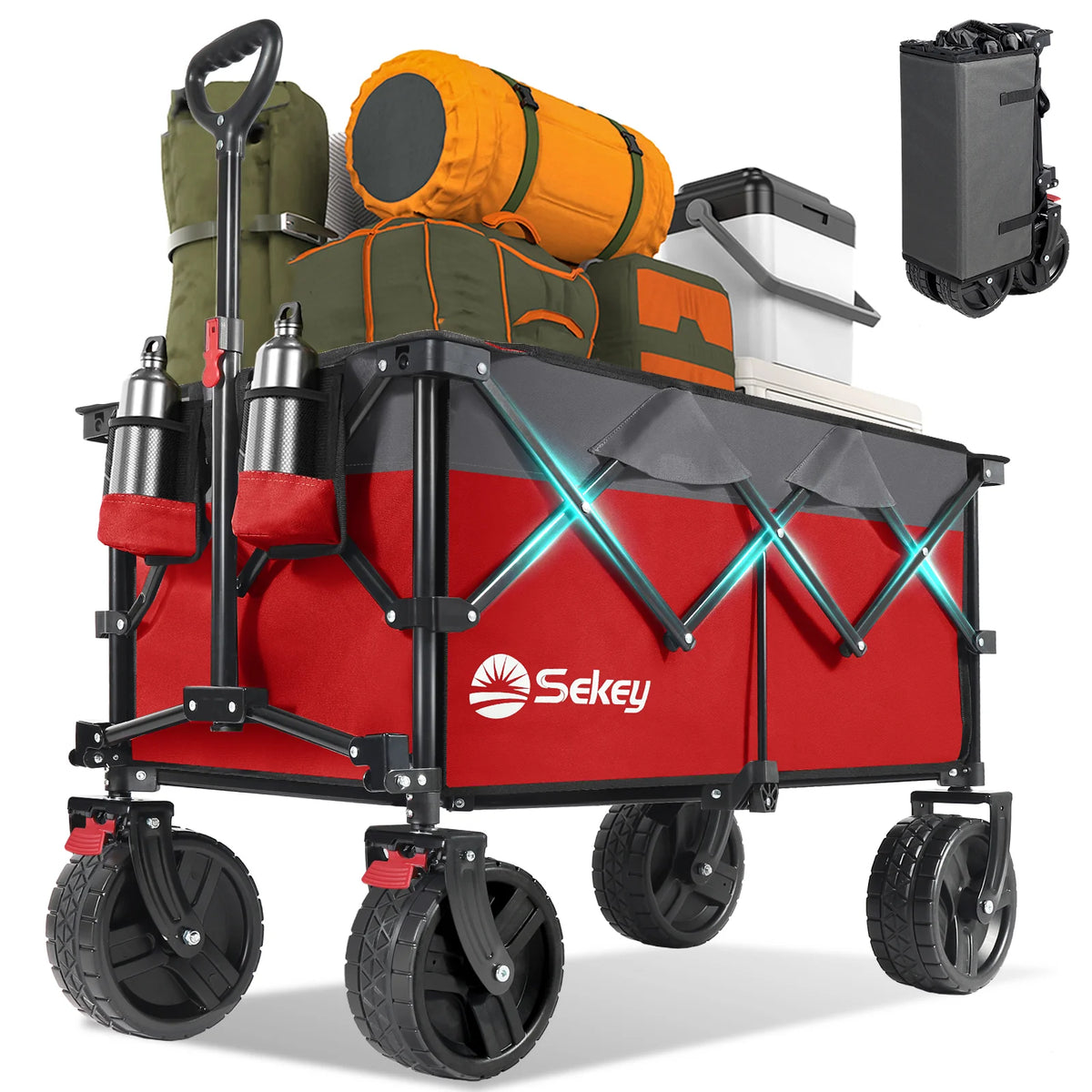 Red Sekey collapsible wagon loaded with camping gear, showing cup holders, large all-terrain wheels, and compact folded form inset.