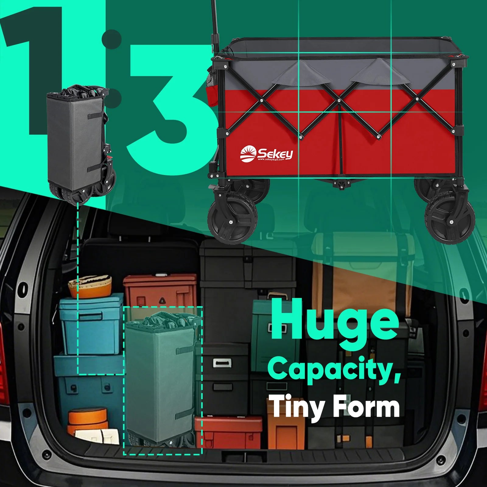 Sekey folding wagon shown expanded and folded compactly in a car trunk, illustrating huge capacity with a tiny storage form.