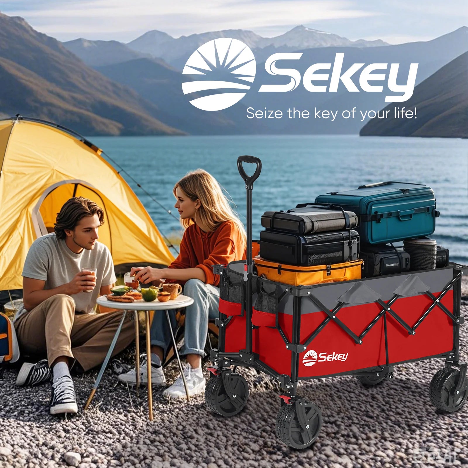 Red Sekey collapsible wagon loaded with camping gear beside a lakeside campsite, with Sekey logo and slogan above.
