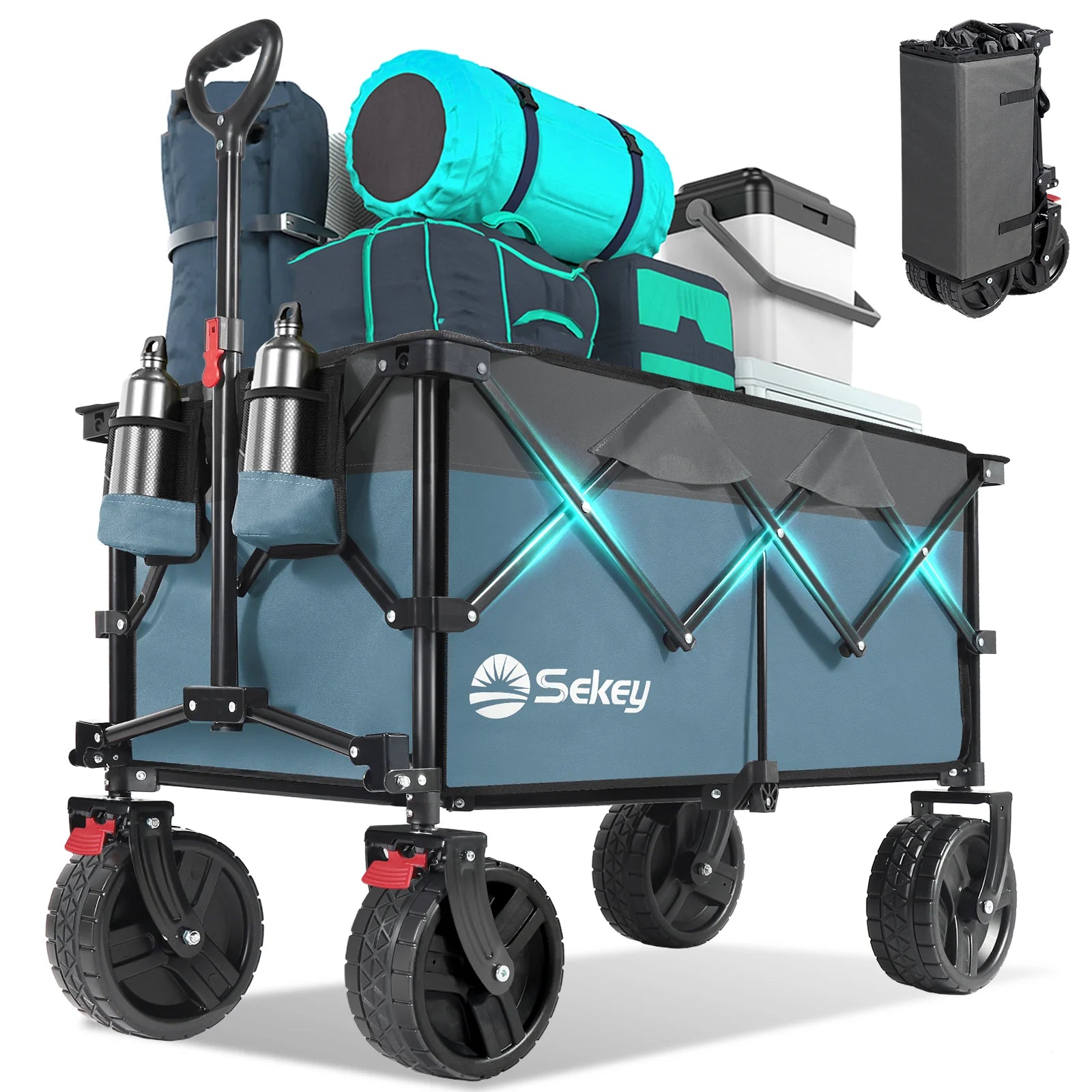 Blue gray Sekey collapsible wagon loaded with camping gear, showing cup holders, large all-terrain wheels, and compact folded form inset.