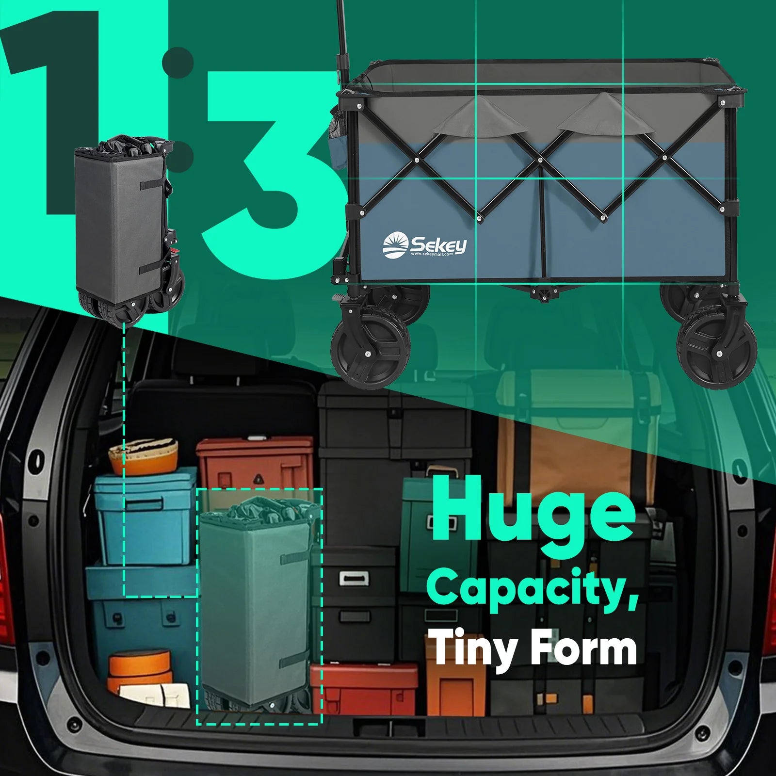 Blue gray Sekey folding wagon shown expanded and folded compactly in a car trunk, illustrating huge capacity with a tiny storage form.