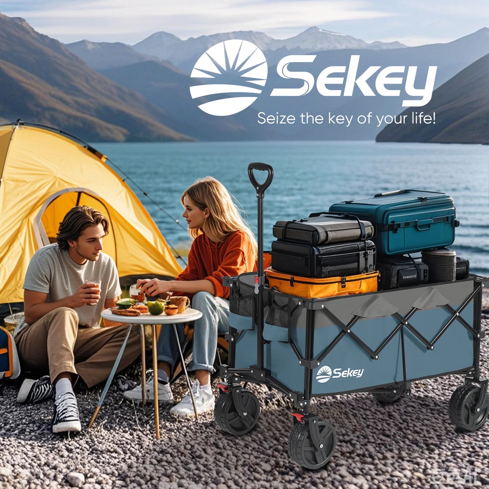 Blue gray Sekey collapsible wagon loaded with camping gear at a lakeside campsite; text reads “Sekey, Seize the key of your life!”