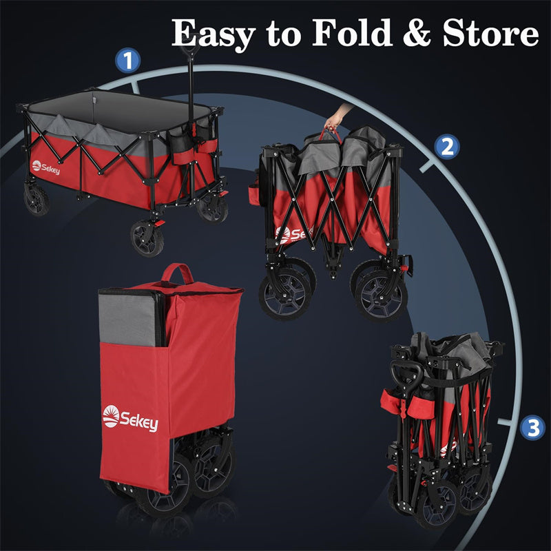 Sekey 220L Collapsible Foldable Wagon with 330lbs Weight Capacity, Heavy Duty Folding Wagon Cart with Big All-Terrain Wheels & Drink Holders.