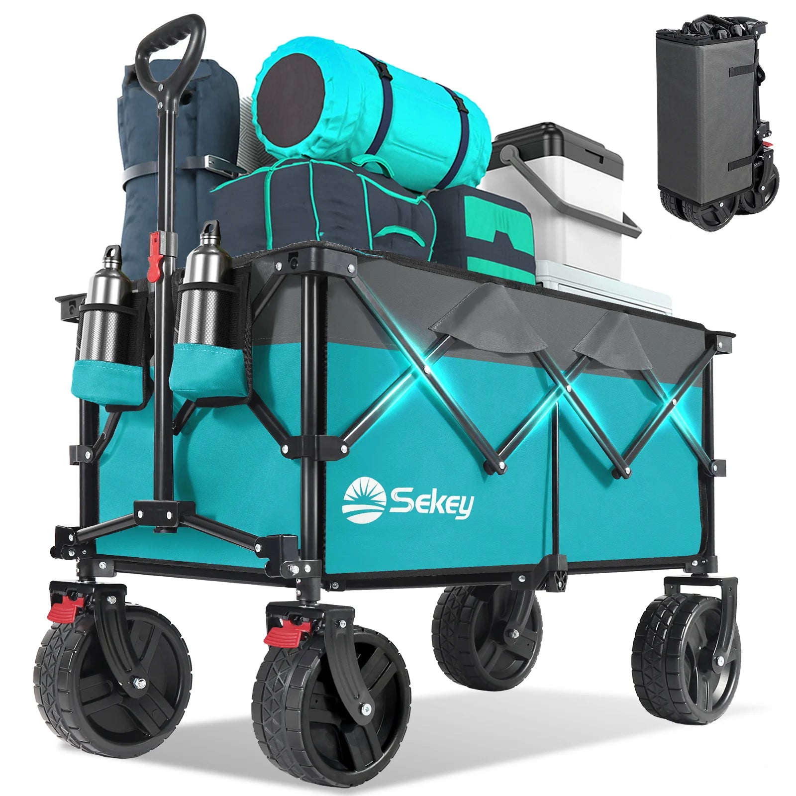 Turquoise Sekey collapsible wagon loaded with camping gear, showing cup holders, large all-terrain wheels, and compact folded form inset.