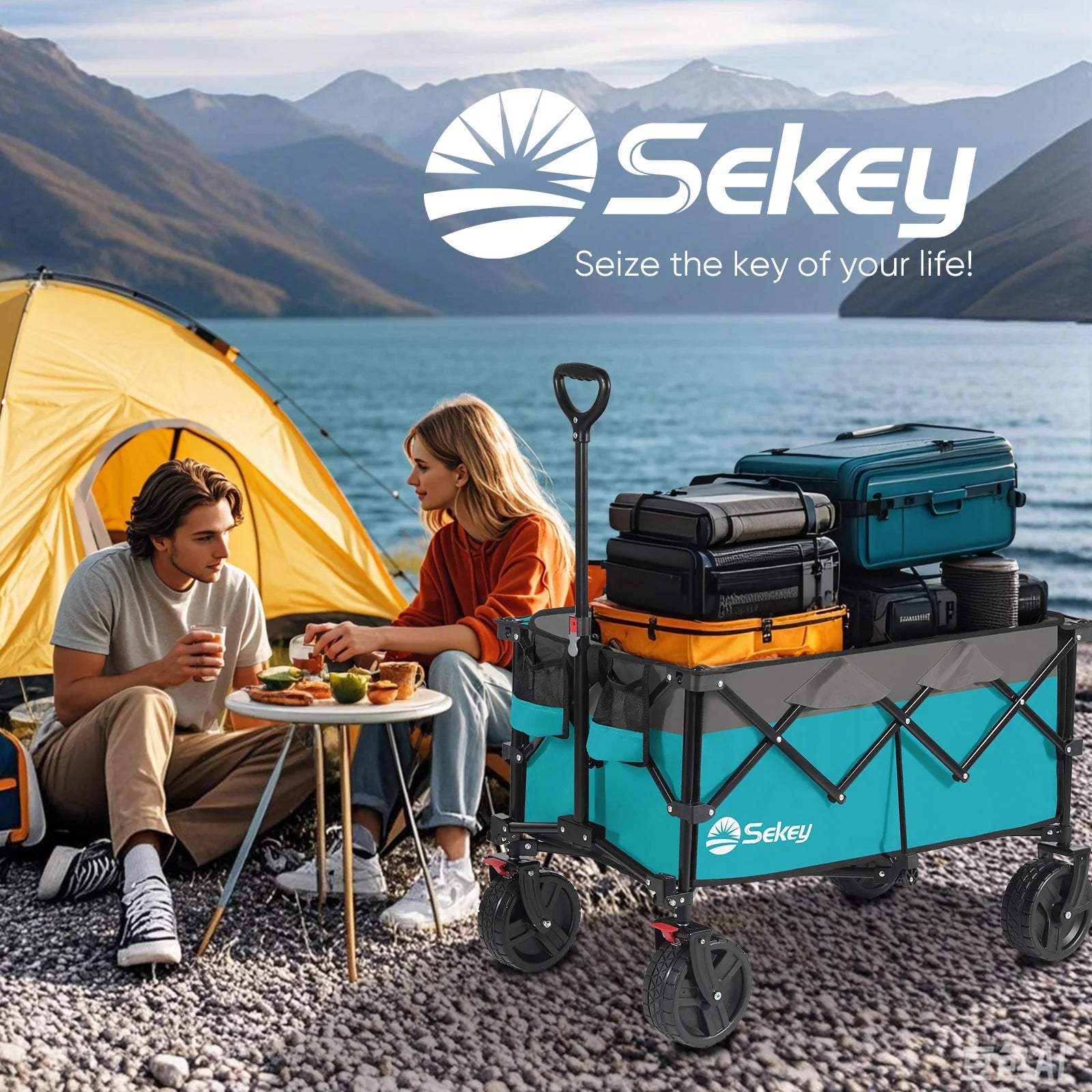 Turquoise Sekey collapsible wagon loaded with camping gear at a lakeside campsite; text reads “Sekey, Seize the key of your life!”