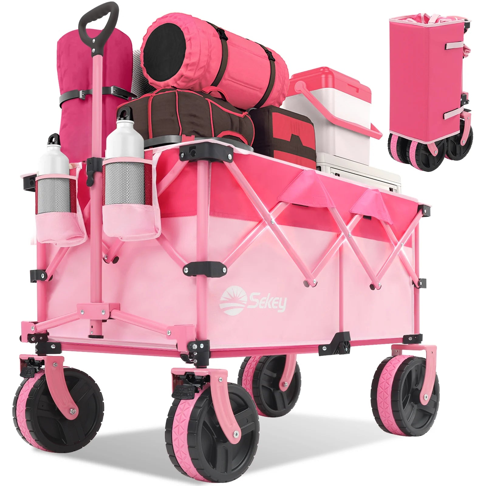 Pink Sekey collapsible wagon loaded with camping gear, showing cup holders, large all-terrain wheels, and compact folded form inset.
