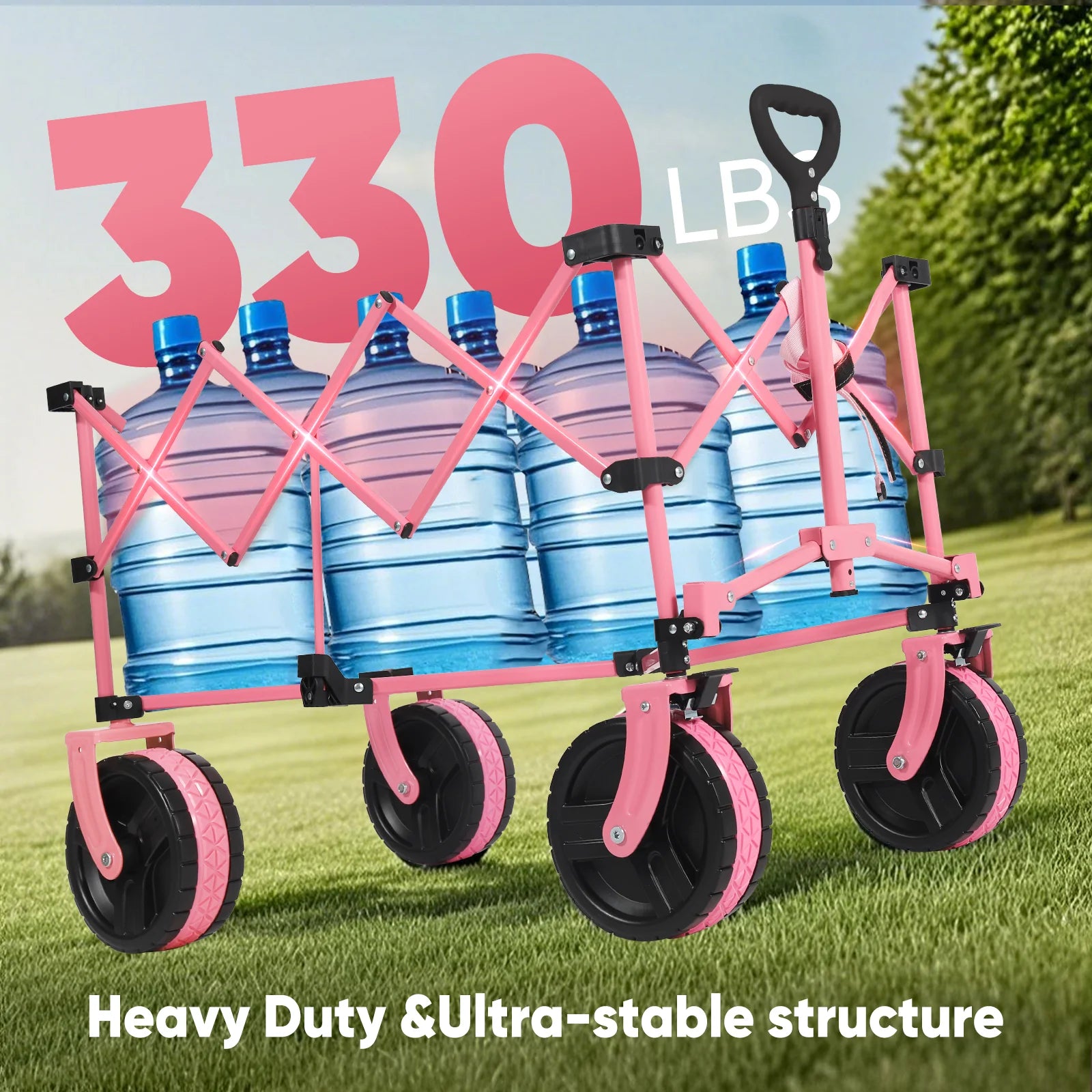 Pink Sekey folding wagon frame carrying water jugs on grass, highlighting 330 lb load capacity and heavy-duty ultra-stable structure.