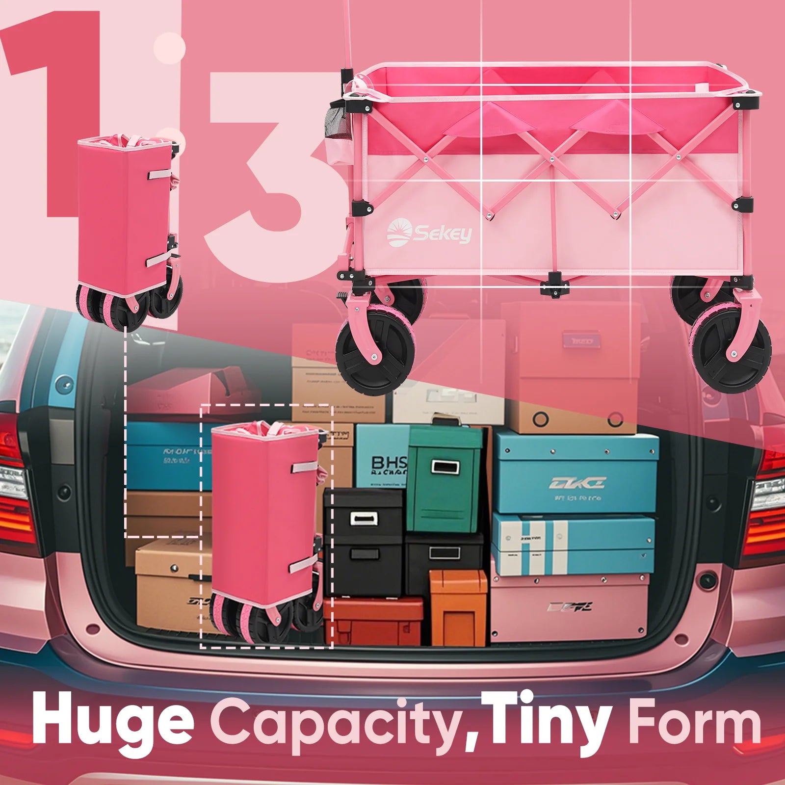 Pink Sekey folding wagon shown expanded and folded compactly in a car trunk, illustrating huge capacity with a tiny storage form.