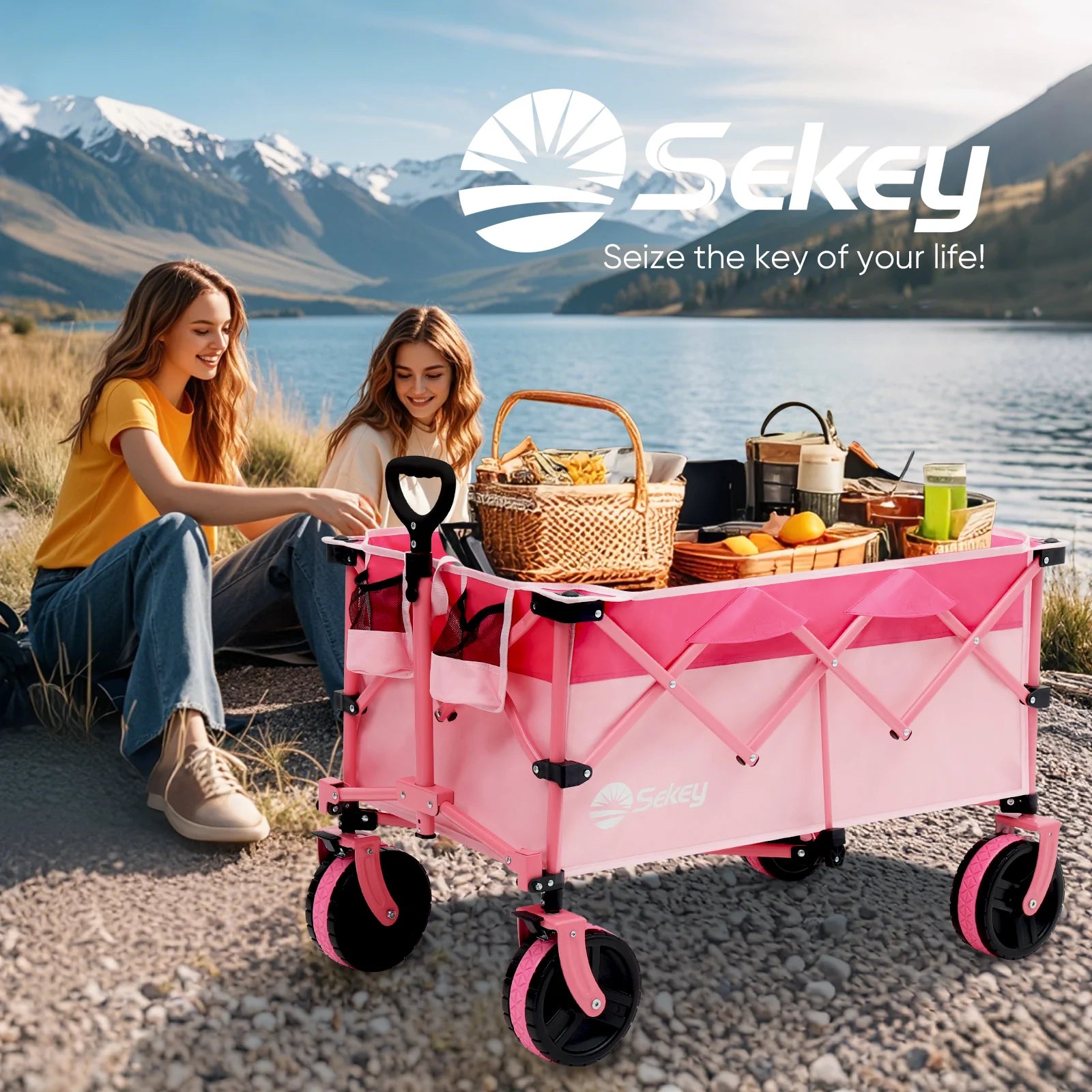 Pink Sekey collapsible wagon loaded with picnic gear at a lakeside campsite; text reads “Sekey, Seize the key of your life!”