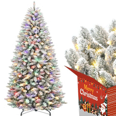 Flocked Christmas Tree with Slim Design,Prelit Christmas Tree with 710 Realistic Branch Tips and White Tree Skirt,Artificial Christmas Tree with Light,Easy to Set,6ft Pencil Christmas Tree