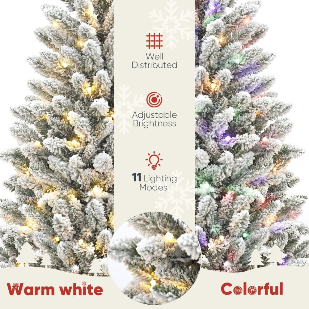 Flocked Christmas Tree with Slim Design,Prelit Christmas Tree with 710 Realistic Branch Tips and White Tree Skirt,Artificial Christmas Tree with Light,Easy to Set,6ft Pencil Christmas Tree