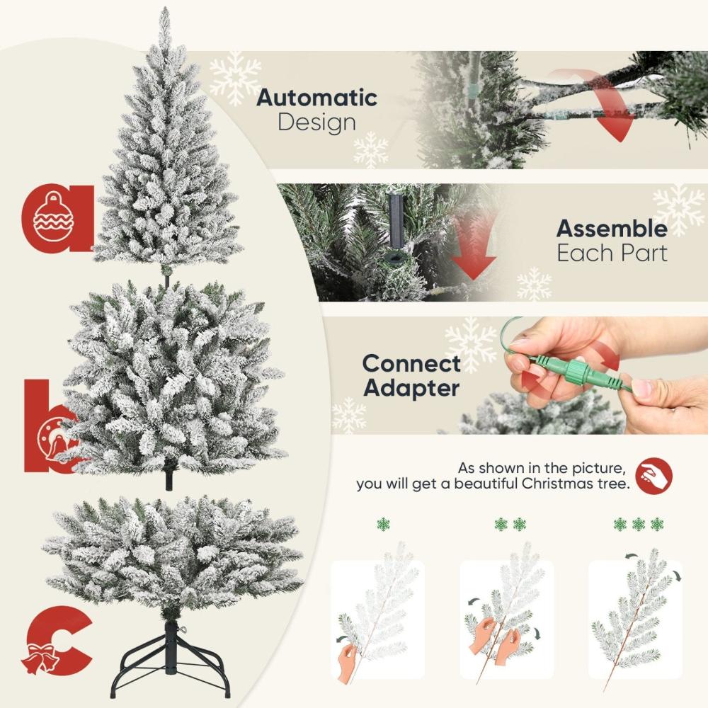 Flocked Christmas Tree with Slim Design,Prelit Christmas Tree with 710 Realistic Branch Tips and White Tree Skirt,Artificial Christmas Tree with Light,Easy to Set,6ft Pencil Christmas Tree