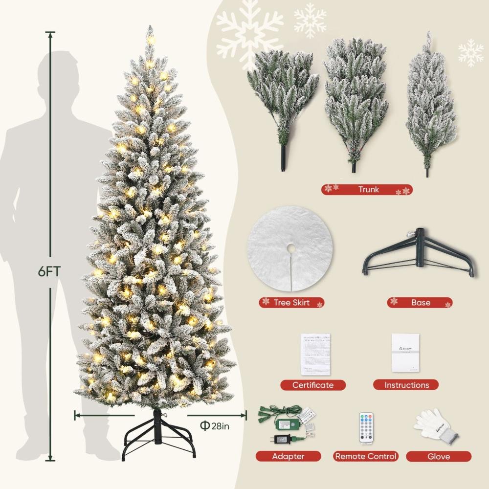 Flocked Christmas Tree with Slim Design,Prelit Christmas Tree with 710 Realistic Branch Tips and White Tree Skirt,Artificial Christmas Tree with Light,Easy to Set,6ft Pencil Christmas Tree