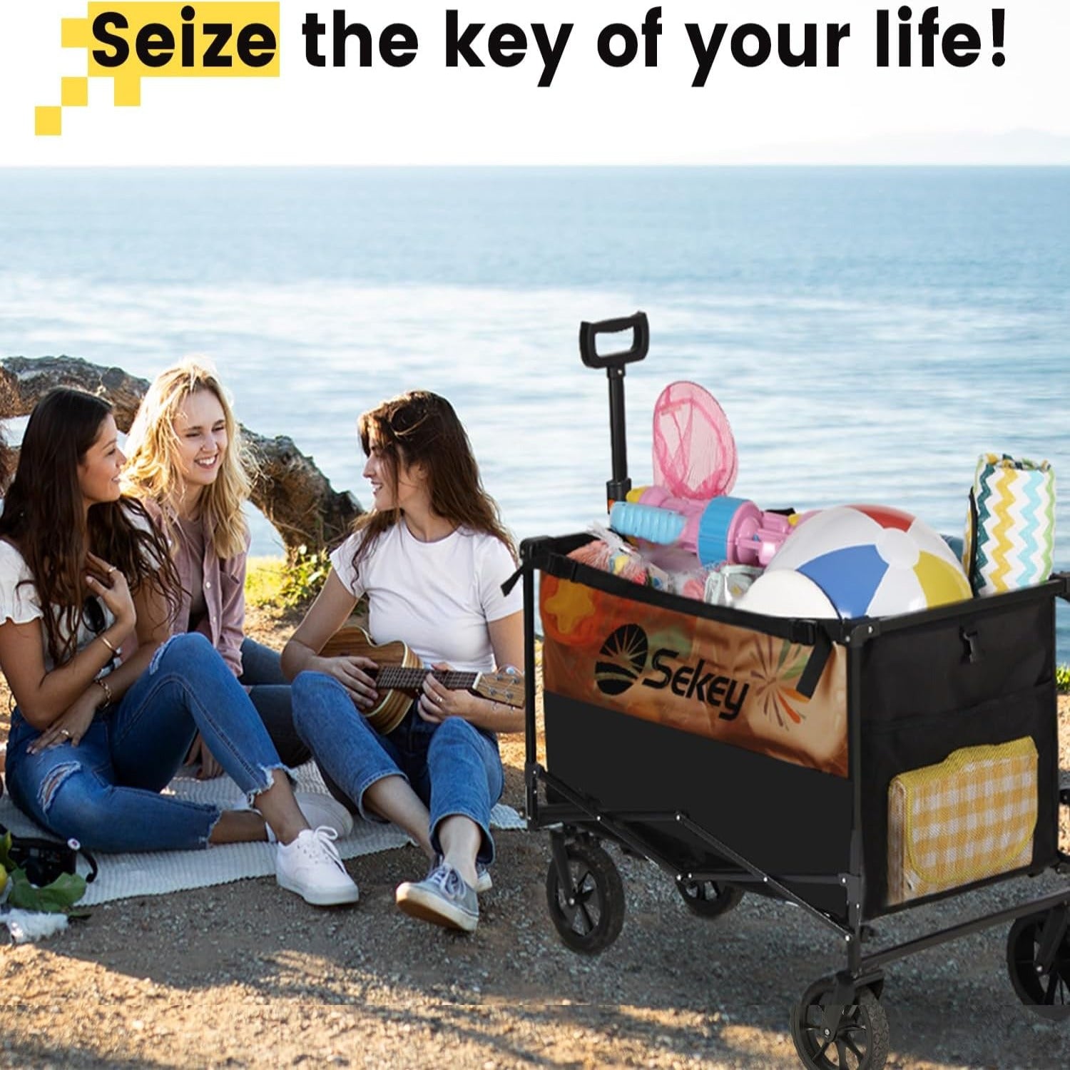 Sekey Folding Wagon with 220LBS Large Capacity,Heavy Duty Beach Wagon Cart on Big All-terrain Wheels,Collapsible Trolley Cart with Adjustable Handle & Drink Holders.