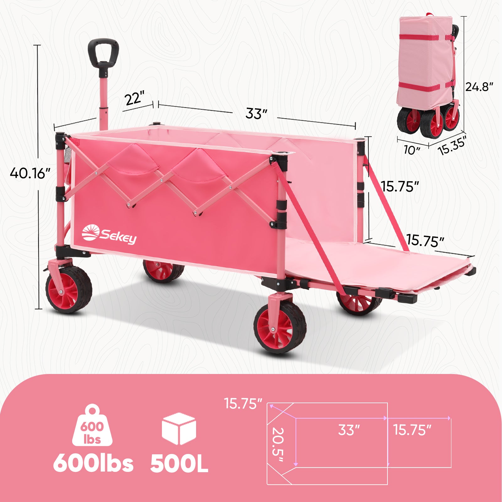 Sekey 600LBS Collapsible Extended Wagon Carts with Tailgate Foldable Folding Large Capacity Heavy Duty Utility Garden Cart with Big All-Terrain Beach Wheels for Shopping Camping